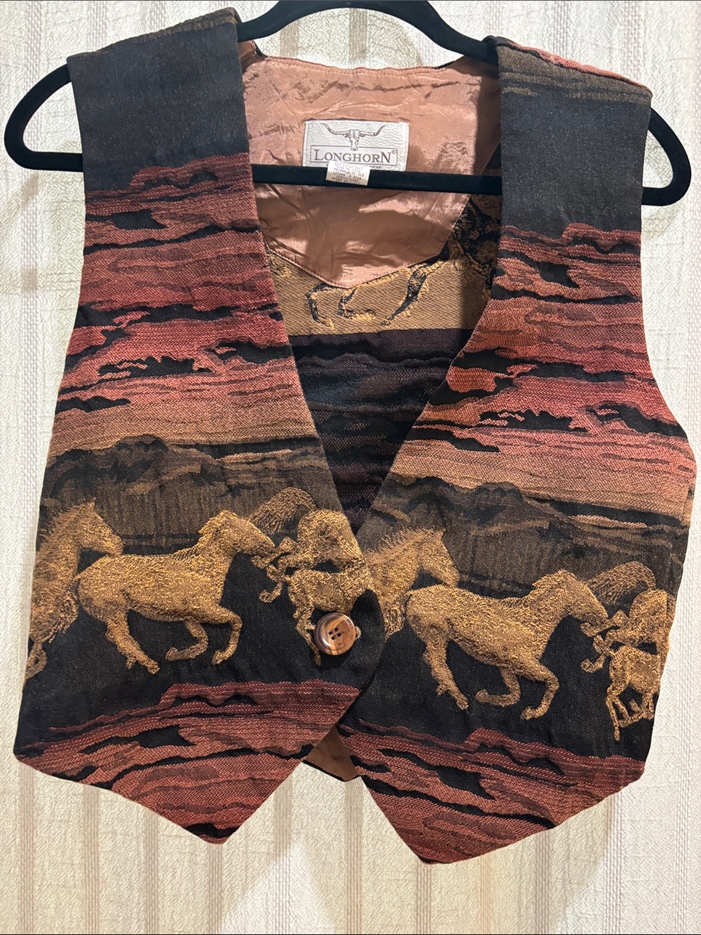 Tapestry carpet bag western cowgirl Horse Vest in Rust and Black medium